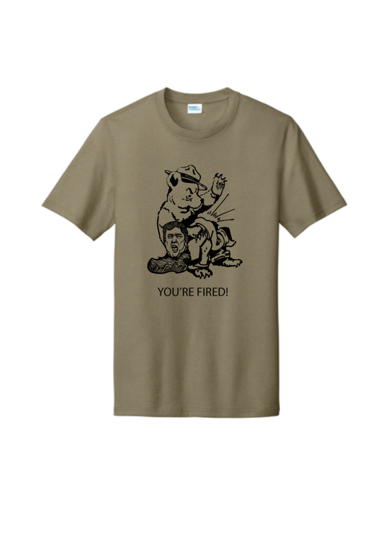 You're Fired! t-shirt depicting smokey bear spanking Donald trump saying "You're Fired"